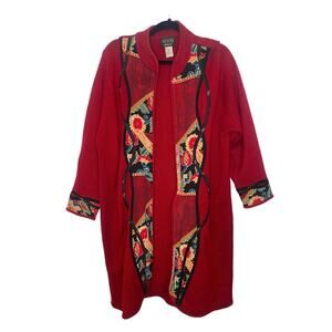 KOOS of Course! Red Open Cardigan Applique Sweater Silk Wool Sz 1X Asian Kimono